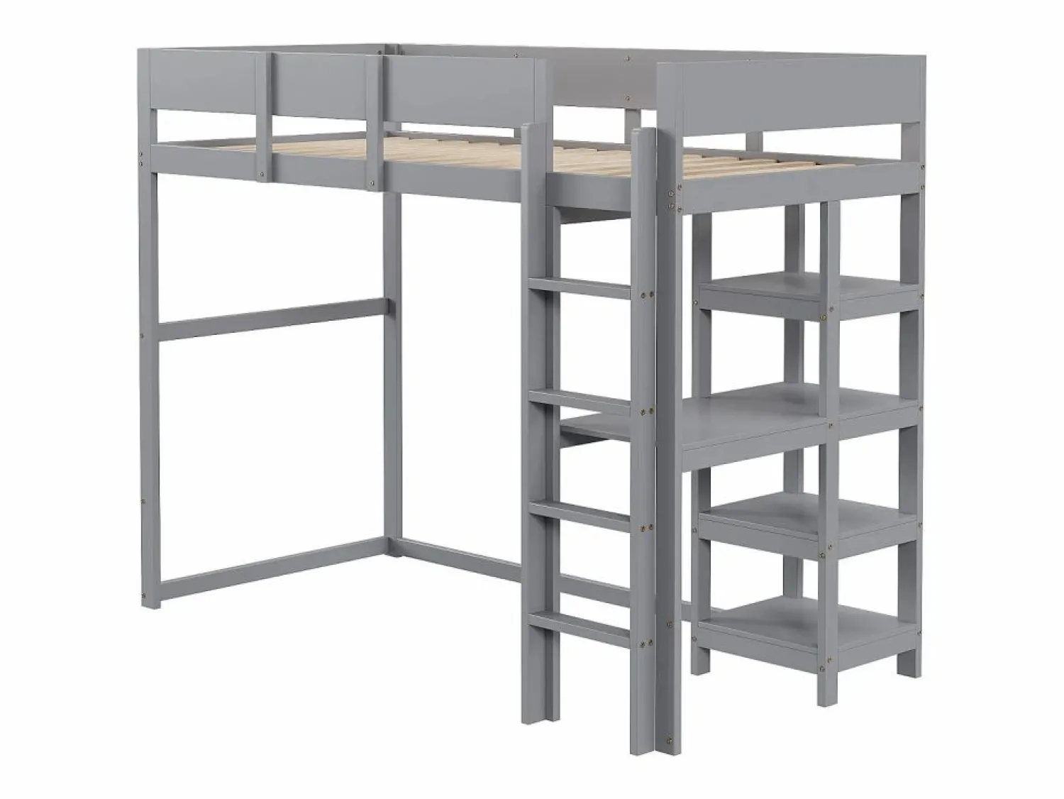 Discount Cama alta 90 x 200 cm - con escalera - con estantes de almacenamiento - madera maciza - con somier de láminas - (colchón no incluido) Cama Alta