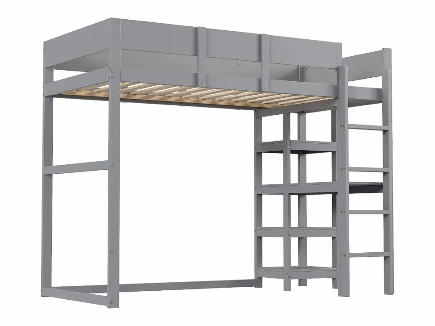 Discount Cama alta 90 x 200 cm - con escalera - con estantes de almacenamiento - madera maciza - con somier de láminas - (colchón no incluido) Cama Alta