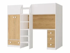 Outlet Vente-unique Cama alta 90 x 190 cm con armario y escritorio en color blanco y natural - CINAMO Color natural claro / Blanco