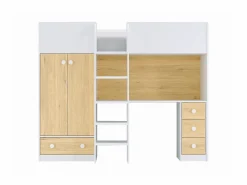 Outlet Vente-unique Cama alta 90 x 190 cm con armario y escritorio en color blanco y natural - CINAMO Color natural claro / Blanco
