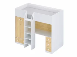Outlet Vente-unique Cama alta 90 x 190 cm con armario y escritorio en color blanco y natural - CINAMO Color natural claro / Blanco