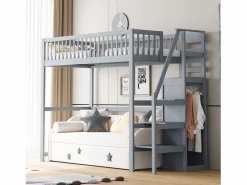 Hot Cama alta 90 x 200 cm con armario y escalera - Madera maciza + contrachapado + MDF - (Sin colchón) Cama Alta|Cama Infantil