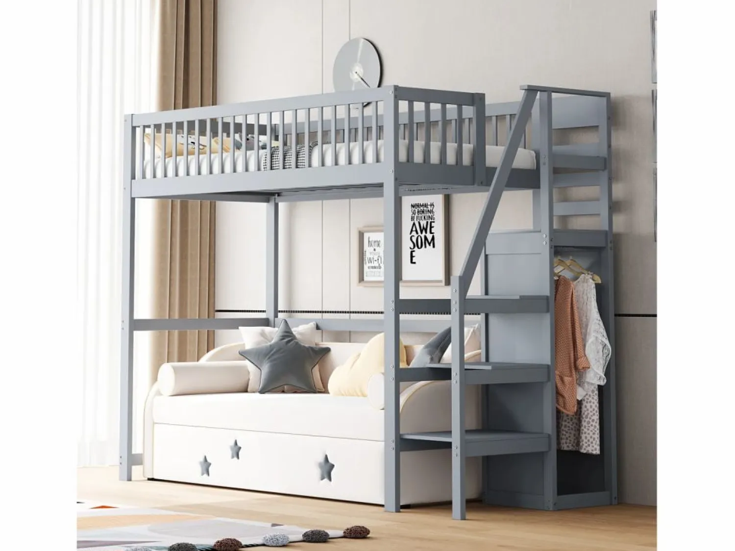 Hot Cama alta 90 x 200 cm con armario y escalera - Madera maciza + contrachapado + MDF - (Sin colchón) Cama Alta|Cama Infantil