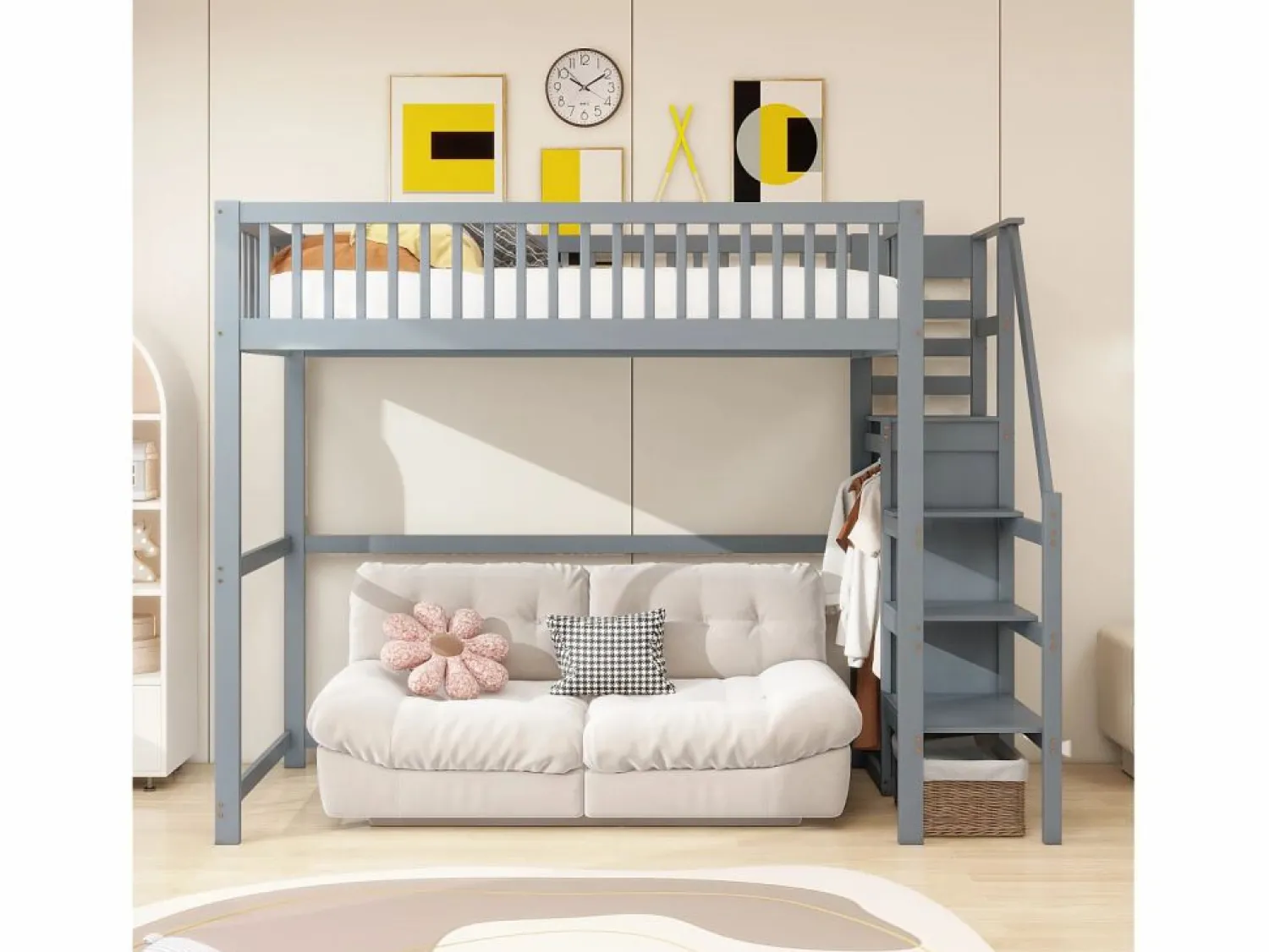 Hot Cama alta 90 x 200 cm con armario y escalera - Madera maciza + contrachapado + MDF - (Sin colchón) Cama Alta|Cama Infantil