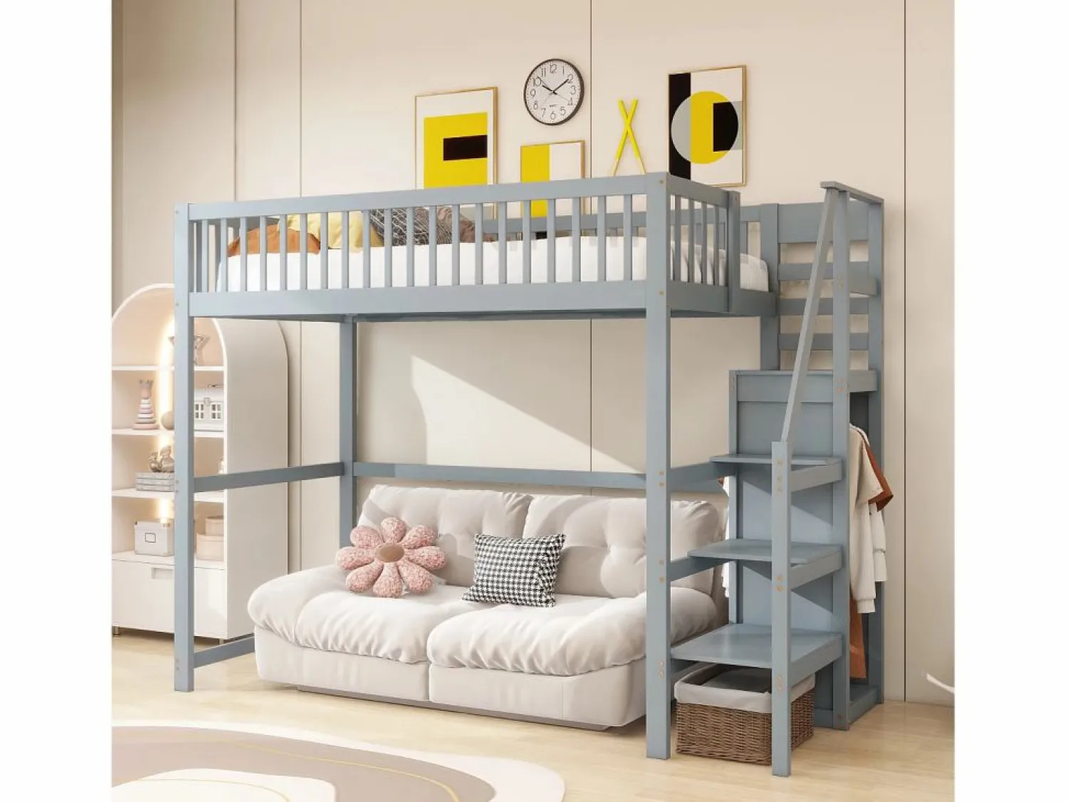 Hot Cama alta 90 x 200 cm con armario y escalera - Madera maciza + contrachapado + MDF - (Sin colchón) Cama Alta|Cama Infantil