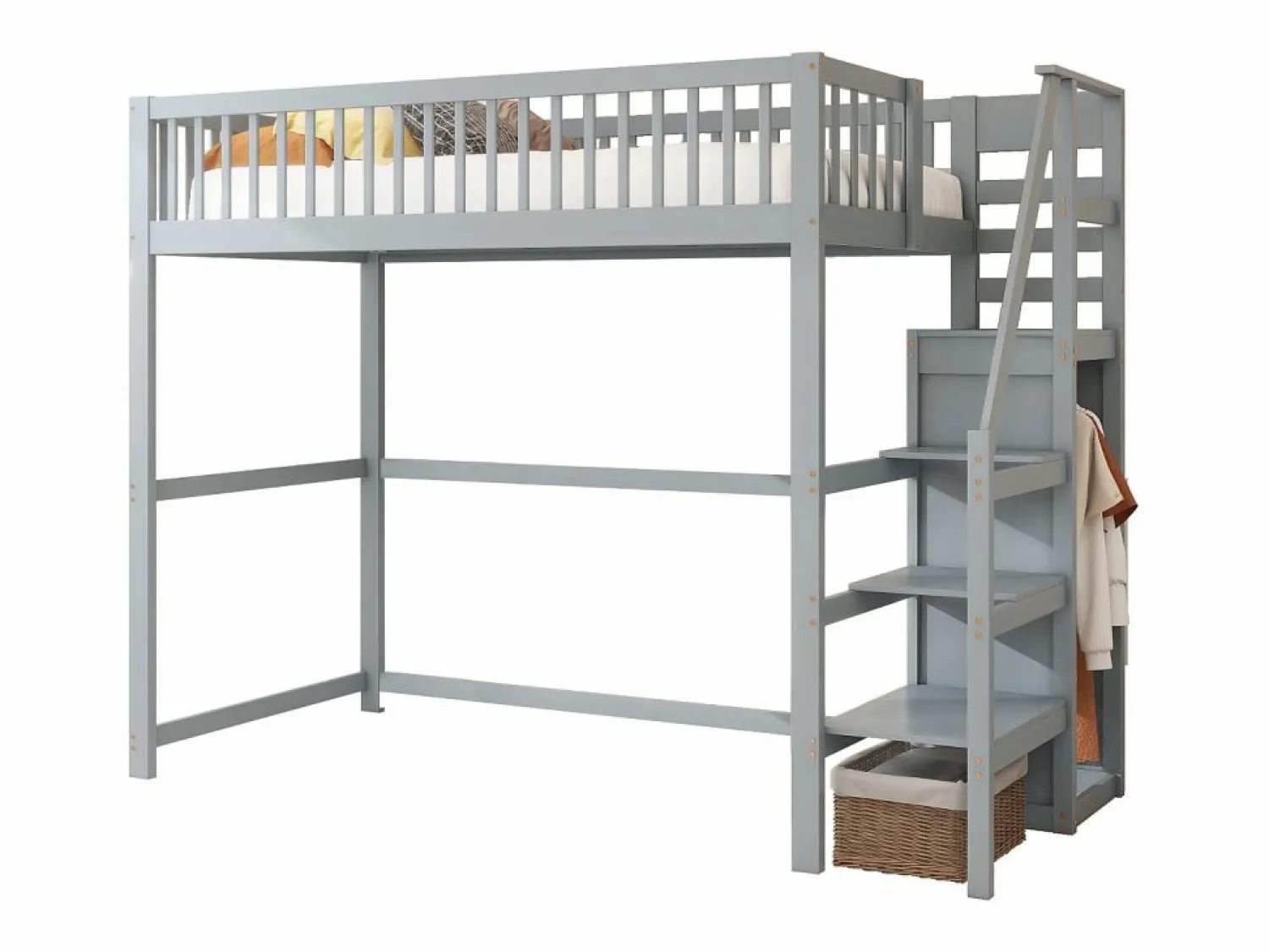 Hot Cama alta 90 x 200 cm con armario y escalera - Madera maciza + contrachapado + MDF - (Sin colchón) Cama Alta|Cama Infantil