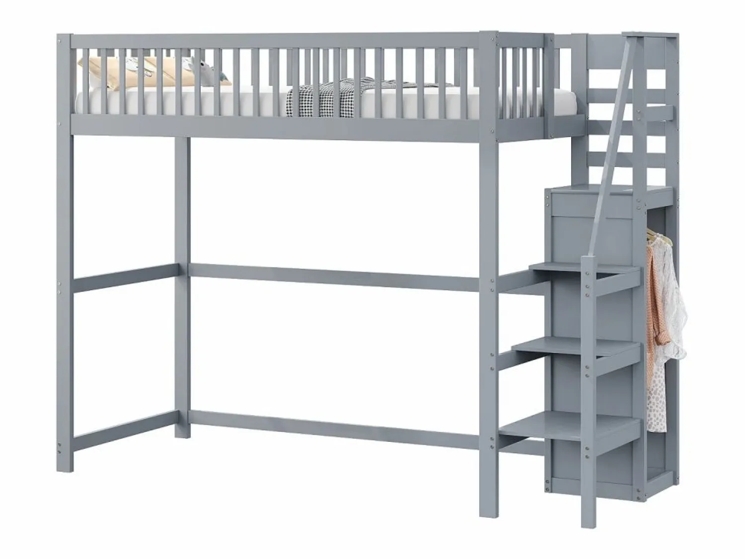 Hot Cama alta 90 x 200 cm con armario y escalera - Madera maciza + contrachapado + MDF - (Sin colchón) Cama Alta|Cama Infantil