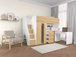 Discount Vente-unique Cama alta 90 x 190 cm con armario y escritorio en blanco y natural + colchón - LANILATO Color natural claro / Blanco
