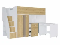 Discount Vente-unique Cama alta 90 x 190 cm con armario y escritorio en blanco y natural + colchón - LANILATO Color natural claro / Blanco