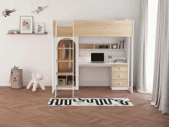 Clearance Vente-unique cama alta 90 x 190 cm con armario y escritorio colores natural y blanco + colchón - ALVENOU Color natural claro / Blanco