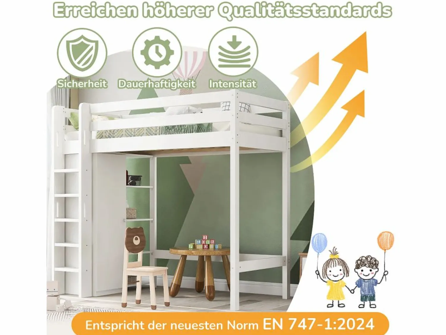 Online Cama alta 90 x 200 cm con armario y 6 estantes - Tablero de partículas + MDF - (sin colchón) Cama Alta|Cama Infantil