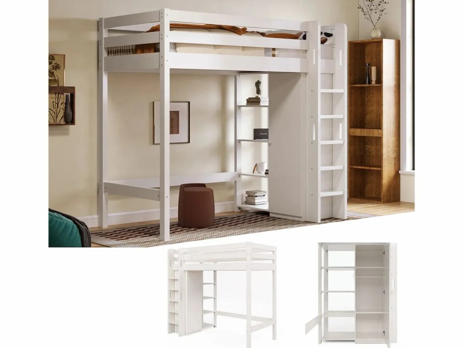 Online Cama alta 90 x 200 cm con armario y 6 estantes - Tablero de partículas + MDF - (sin colchón) Cama Alta|Cama Infantil