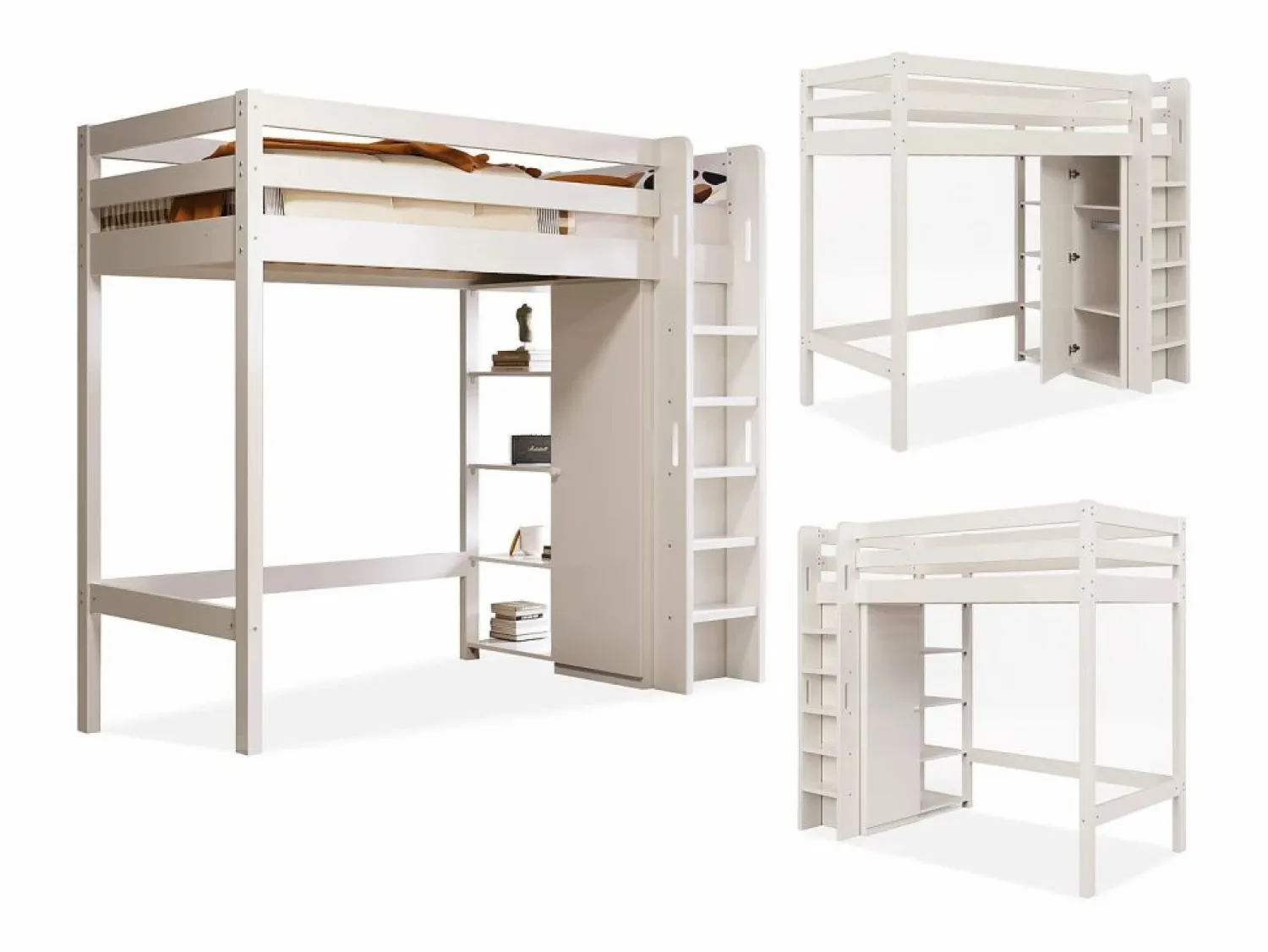Online Cama alta 90 x 200 cm con armario y 6 estantes - Tablero de partículas + MDF - (sin colchón) Cama Alta|Cama Infantil