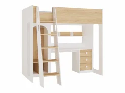 Vente-unique cama alta 90 x 190 cm con armario y escritorio color natural y blanco - ALVENOU