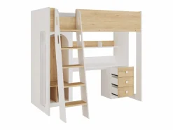 Vente-unique cama alta 90 x 190 cm con armario y escritorio color natural y blanco - ALVENOU