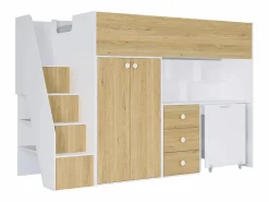 Vente-unique Cama alta 90 x 190 cm con armario y escritorio en color blanco y natural - LANILATO