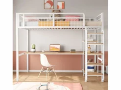 Hot Merax Cama alta 90 x 200 cm con escritorio y estantes de almacenaje - Metal y MDF - para niños - Blanco