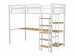 Hot Merax Cama alta 90 x 200 cm con escritorio y estantes de almacenaje - Metal y MDF - para niños - Blanco