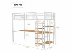 Hot Merax Cama alta 90 x 200 cm con escritorio y estantes de almacenaje - Metal y MDF - para niños - Blanco