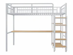 Hot Merax Cama alta 90 x 200 cm con escritorio y estantes de almacenaje - Metal y MDF - para niños - Blanco