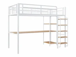 Hot Merax Cama alta 90 x 200 cm con escritorio y estantes de almacenaje - Metal y MDF - para niños - Blanco