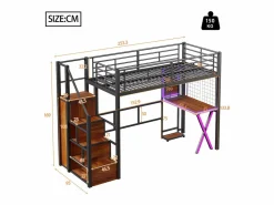 Discount Cama alta 90 x 200 cm con escritorio, armario, estanterías - Iluminación ambiental - Metal - (sin colchón) Cama Alta|Cama Infantil