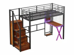 Discount Cama alta 90 x 200 cm con escritorio, armario, estanterías - Iluminación ambiental - Metal - (sin colchón) Cama Alta|Cama Infantil