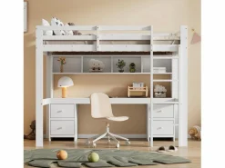Sale Merax Cama alta 90 x 200 cm con escritorio, librería, cajones y escalera, madera MDF, Blanco