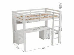 Sale Merax Cama alta 90 x 200 cm con escritorio, librería, cajones y escalera, madera MDF, Blanco