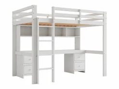 Sale Merax Cama alta 90 x 200 cm con escritorio, librería, cajones y escalera, madera MDF, Blanco