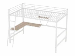 Discount Merax Cama alta 90 x 200 cm con escritorio en L y estante - Metal + MDF - Somier de láminas - Natural (sin colchón) Color natural claro