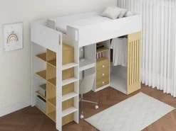 Vente-unique Cama alta 90 x 190 cm con escritorio y armario en color blanco y natural - LORINTI