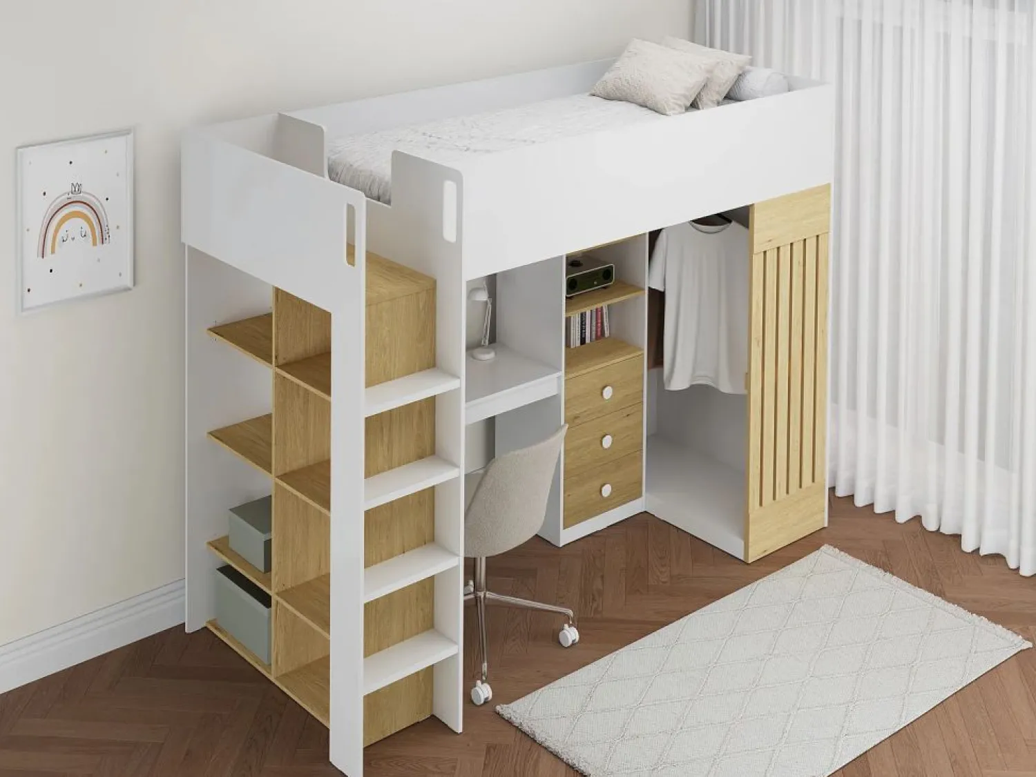 Vente-unique Cama alta 90 x 190 cm con escritorio y armario en color blanco y natural - LORINTI