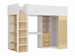 Vente-unique Cama alta 90 x 190 cm con escritorio y armario en color blanco y natural - LORINTI
