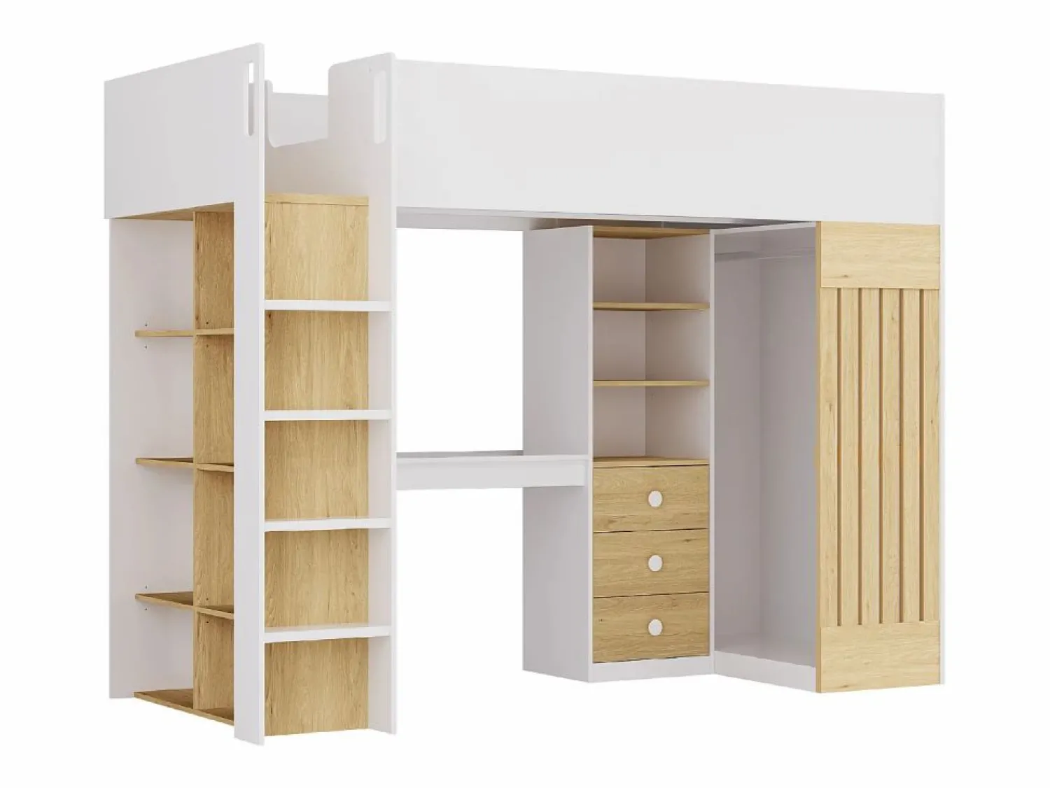 Vente-unique Cama alta 90 x 190 cm con escritorio y armario en color blanco y natural - LORINTI