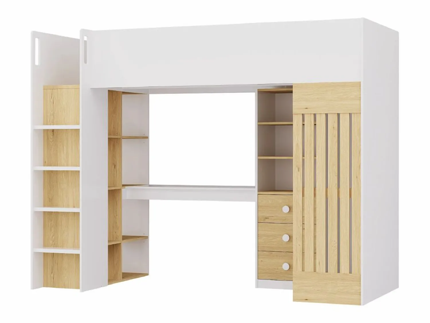 Vente-unique Cama alta 90 x 190 cm con escritorio y armario en color blanco y natural - LORINTI