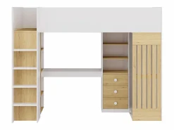Vente-unique Cama alta 90 x 190 cm con escritorio y armario en color blanco y natural - LORINTI