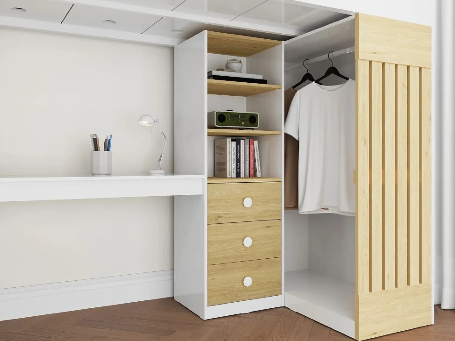 Vente-unique Cama alta 90 x 190 cm con escritorio y armario en color blanco y natural - LORINTI