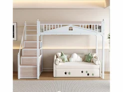 Merax Cama alta 90 x 200 cm con espacio de almacenamiento - Metal + Contrachapado + MDF - Somier de láminas -