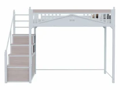 Merax Cama alta 90 x 200 cm con espacio de almacenamiento - Metal + Contrachapado + MDF - Somier de láminas -