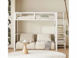Outlet Hauss Spole Cama alta 140 x 200 cm con estante y armario - Cama infantil de metal y madera - y madera clara Blanco