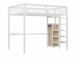 Outlet Hauss Spole Cama alta 140 x 200 cm con estante y armario - Cama infantil de metal y madera - y madera clara Blanco