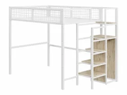 Outlet Hauss Spole Cama alta 140 x 200 cm con estante y armario - Cama infantil de metal y madera - y madera clara Blanco