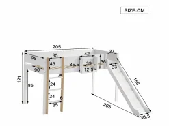 Merax Cama alta 90 x 200 cm con tobogán y estante extraíble, pino+MDF, +natural