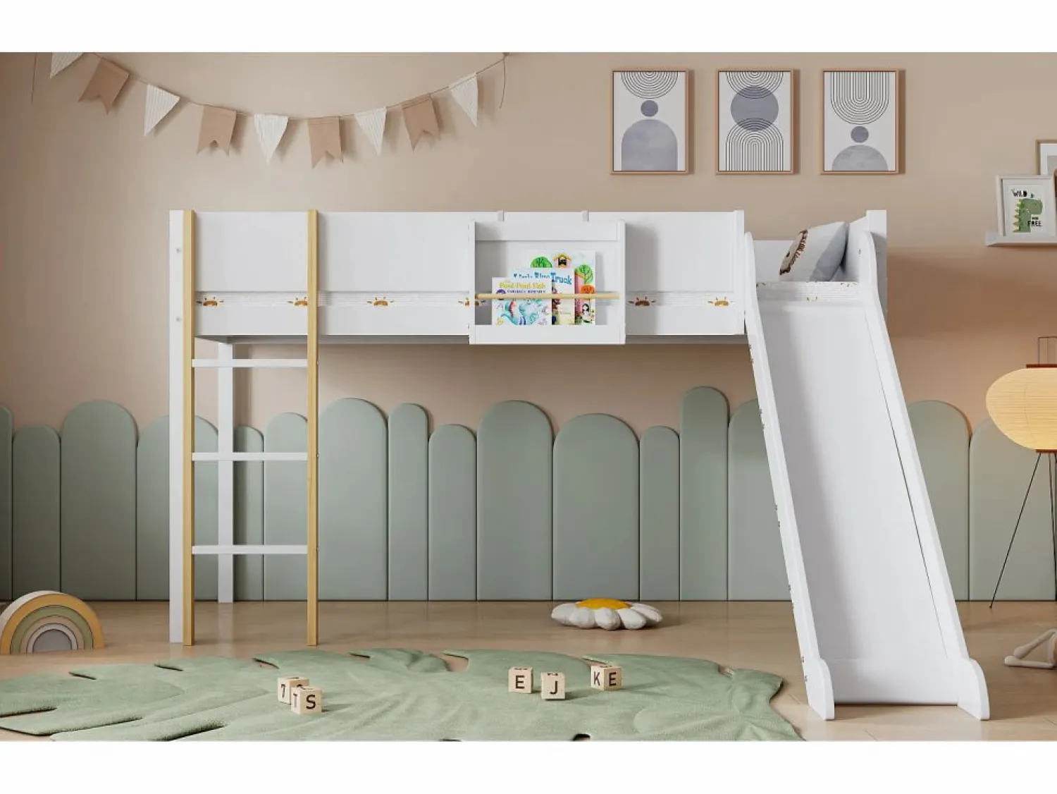 Merax Cama alta 90 x 200 cm con tobogán y estante extraíble, pino+MDF, +natural