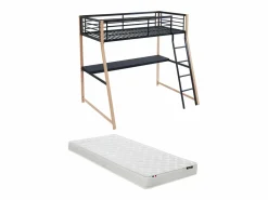 Vente-unique Cama alta 90 x 190 escritorio negro y roble MALICIA