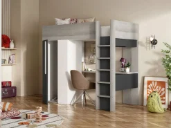 Vente-unique Cama alta armario y escritorio en 90 x 200 cm con colchón Gris blanco y negro NICOLAS II