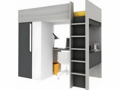 Vente-unique Cama alta armario y escritorio en 90 x 200 cm con colchón Gris blanco y negro NICOLAS II