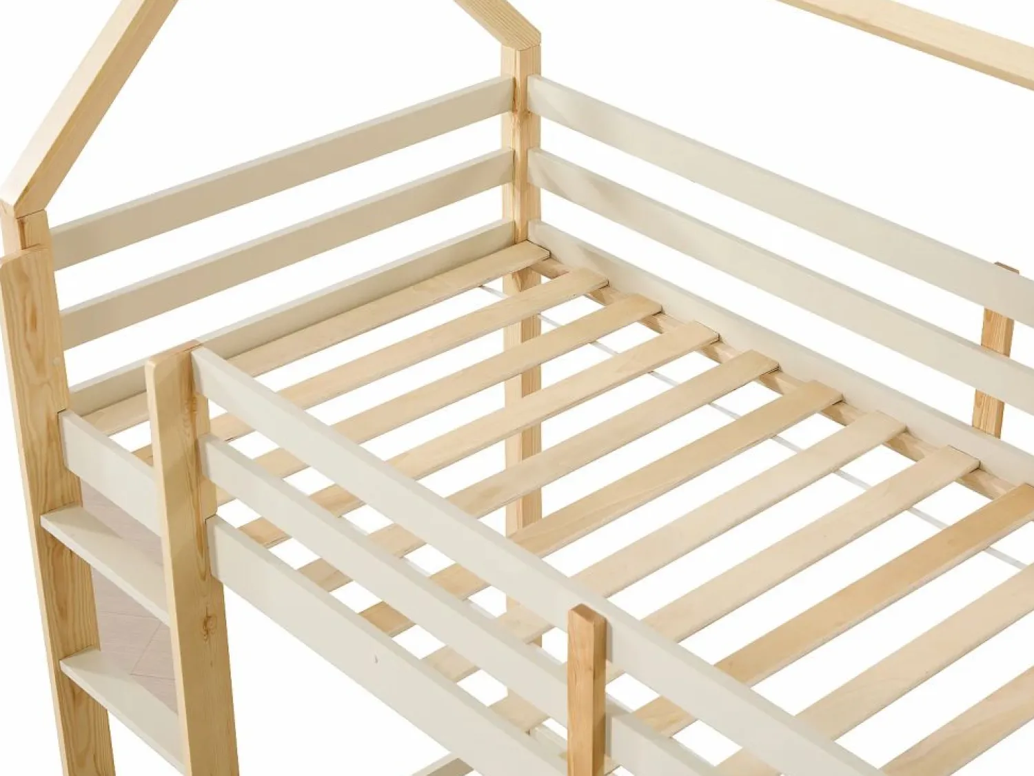 Outlet Cama alta cabaña 90 x 190 cm pino macizo y natural + colchón - TARZIA Cama Montessori|Cama Alta
