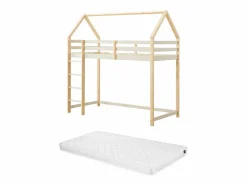 Outlet Cama alta cabaña 90 x 190 cm pino macizo y natural + colchón - TARZIA Cama Montessori|Cama Alta